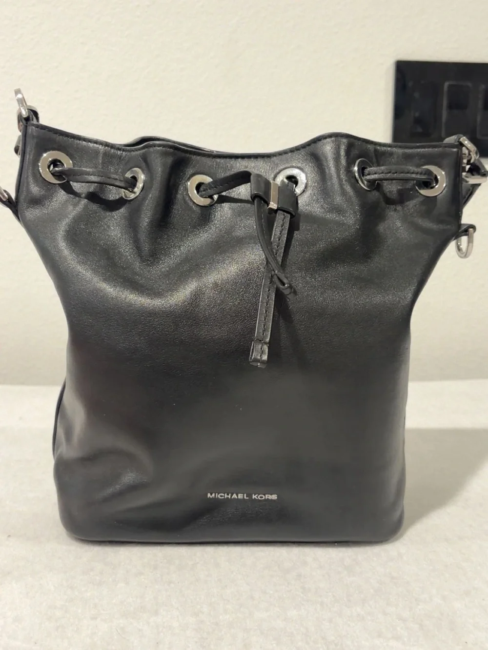 Michael Kors Black Leather Drawstring Bucket Shoulder Bag